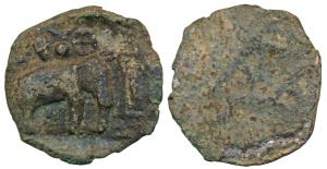 Pandya, Sangam Age, Copper, 7.04g, obv. an elephant standing right, in front of a trisul; 