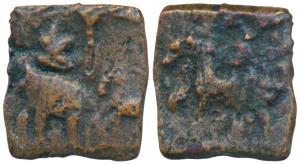 Chola, Sangam Age, Copper, 1.15g, obv. an elephant standing left, a horse behind, a Srivat