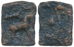 Malayaman, Sangam Age, Copper, 2.70g, obv. a horse standing right, an ankush and moon abov