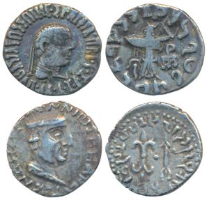 Silver Drachma (2), Indo-Greeks, Apollodotus II, obv. obv. diademed and draped bust of the