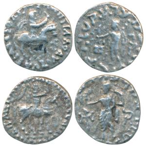 Indo-Scythians, Azes II, Silver Drachm (2), 1.81g & 2.05g, obv. king mounted on a horse to