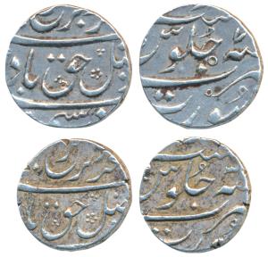 Farrukhsiyar, Silver ½ Rupee (2), 5.76g & 5.72g, Surat Mint, RY 3 & 7 (KM 375.2). Very Fin