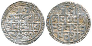 Lakshmi Narayan, Silver Tanka, 9.54g, SE 1509, CB 98, Bengali script in four lines (KM 45)