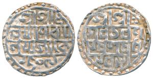 Lakshmi Narayan, Silver Tanka, 9.77g, SE 1509, CB 98, Bengali script in four lines (KM 45)