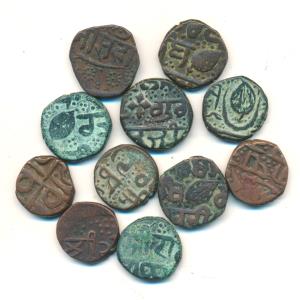 Amritsar Mint, Copper Paisa (11), with different symbols trishul, katar, a flag flying lef