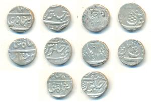 Khande Rao, Manaji Rao & Sayaji Rao III, Silver Rupee (5), Baroda Mint, AH 1287, 1290 & 12