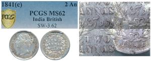 Victoria Queen, Silver 2 Annas, 1841, Madras Mint, divided Legend, S incuse, WW raised, up