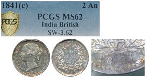 Victoria Queen, Silver 2 Annas, 1841, Madras Mint, divided Legend, S incuse WW raised, hig