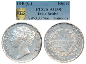 Victoria Queen, Silver Rupee, 1840, Calcutta Mint, divided legend. Graded by PCGS AU58.