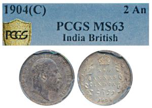 Edward VII, Silver 2 Annas, 1904, Calcutta Mint (Prid 557). Graded by PCGS MS63.