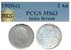 Edward VII, Silver 2 Annas, 1905, Calcutta Mint (Prid 558). Graded by PCGS MS63.