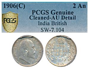 Edward VII, Silver 2 Annas, 1906, Calcutta Mint (Prid 559). Graded by PCGS AU Detail.