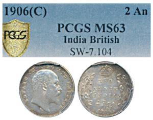 Edward VII, Silver 2 Annas, 1906, Calcutta Mint (Prid 559). Graded by PCGS MS63.