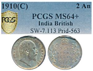 Edward VII, Silver 2 Annas, 1910, Calcutta Mint (Prid 563). Graded by PCGS MS64+.