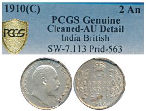 Edward VII, Silver 2 Annas, 1910, Calcutta Mint (Prid 563). Graded by PCGS AU Detail.