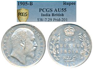 Edward VII, Silver Rupee, 1905, Bombay Mint. Graded by PCGS AU55.