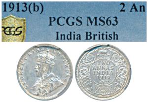 George V, Silver 2 Annas, 1913, Bombay Mint (Prid 572). Graded by PCGS MS63.