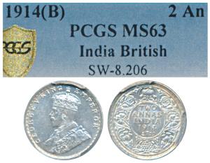 George V, Silver 2 Annas, 1914, Bombay Mint (Prid 573). Graded by PCGS MS63.