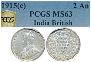 George V, Silver 2 Annas, 1915, Bombay Mint (Prid 574). Graded by PCGS MS63.
