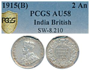 George V, Silver 2 Annas, 1915, Bombay Mint (Prid 574). Graded by PCGS AU58.