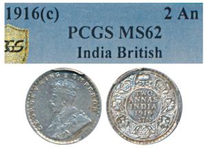 George V, Silver 2 Annas, 1916, Calcutta Mint (Prid 569). Graded by PCGS MS62.