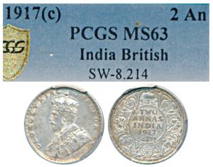 George V, Silver 2 Annas, 1917, Calcutta Mint (Prid 570). Graded by PCGS MS63.