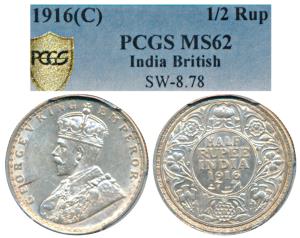 George V, Silver ½ Rupee, 1916, Calcutta Mint (Prid 323). Graded by PCGS MS62.