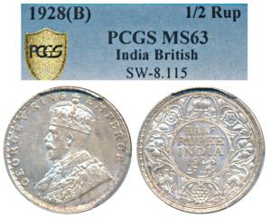 George V, Silver ½ Rupee, 1928, Bombay Mint (Prid 349). Graded by PCGS MS63.