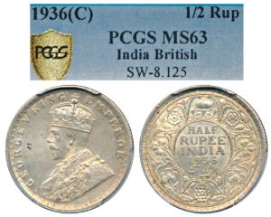 George V, Silver ½ Rupee, 1936, Calcutta Mint (Prid 335). Graded by PCGS MS63.