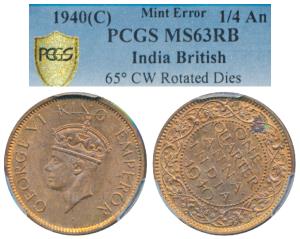 George VI, Copper ¼ Anna, 1940, Calcutta Mint Mint, Error, die rotate to 2 o’clock. Graded