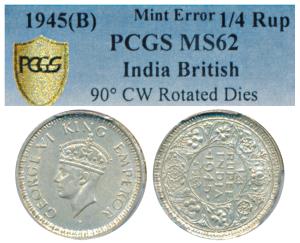 George VI, Half Silver Rupee, 1945, Bombay Mint, Error, die rotate to 3 o’clock. Graded by