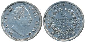 William IV, Silver ¼ Rupee, 1835, Calcutta Mint, F raised, Wreath with 18 Berries (10L+8R)