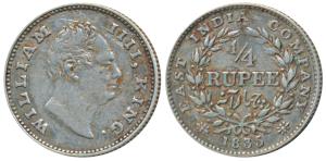 William IV, Silver ¼ Rupee, 1835, Calcutta Mint, F incuse, Wreath with 19 Berries (10L+9R)