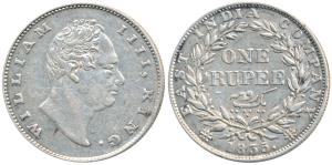 William IV, Silver Rupee, 1835, Calcutta Mint, F incuse, No dot after F, A / III, Bud Leav