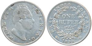William IV, Silver Rupee, 1835, Calcutta Mint, Dug out F incuse, A / I, two leaves, 19 Ber