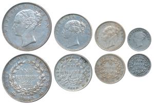 Victoria Queen, Silver set of Rupee, ½, ¼ & 2 Annas, 1840 & 1841, continuous legend. Very 