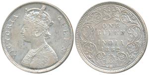 Victoria Queen, Silver Rupee, 1862, Bombay Mint, B / I / 0 / 4, (Prid 80). About Very Fine