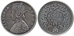 Victoria Queen, Silver Rupee, 1862, Bombay Mint, D / IIa, obv. of this coin is from Wyon’s