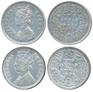 Victoria Queen and Empress, Silver 2 Annas, 1875, Bombay Mint, A / I / No mint mark; 1896,