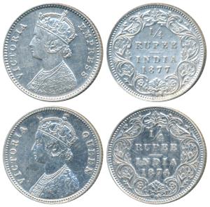 Victoria Queen, Silver ¼ Rupee (2), 1874, Calcutta Mint, A / I / No mint mark; 1877, Calcu