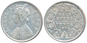 Victoria Queen, Silver ½ Rupee, 1875, Calcutta Mint, A / I / No mint mark, (Prid 260). Ver
