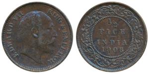 Edward VII, Copper ½ Pice, 1908, clashed dies, Error, impression of the edge near the rule