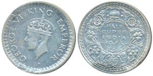George VI, Half Silver ½ Rupee, 1945, Bombay Mint, D / Ia / dot, Large and Open 5 in Date,