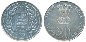 Silver Rupees 20, 1973, Grow More Food, Bombay Mint (KM 240). Uncirculated.
