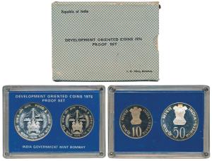 1976 Proof Set, Food and Work for All, set of 2, Rupees 10 and 50. In immaculate condition