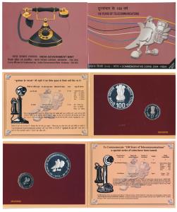 2004 Proof Set, 150 Years of Telecommunications, set of 2, Rupees 2 and 100. In immaculate