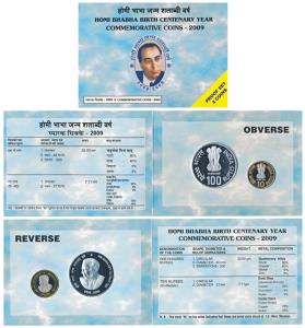 2009 Proof Set, Homi Bhabha Birth Centenary, set of 2, Rupees 10 (bi-metal) and 100. In im