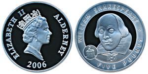 Alderney, Elizabeth II, Silver 5 Pound, 28.28g, 2006, William Shakespeare (KM 128a). Proof