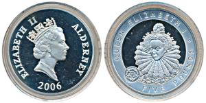 Alderney, Elizabeth II, Silver 5 Pound, 28.28g, 2006, Queen Elizabeth I (KM 126a). Proof, 