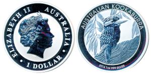 Australia, Elizabeth II, Silver Dollar, 31.1g (one ounce), 2014, Australian Kookaburra. Pr